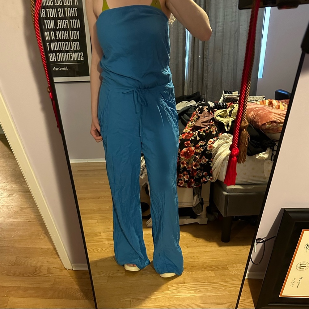Blue strapless jumpsuit, drawstring waist